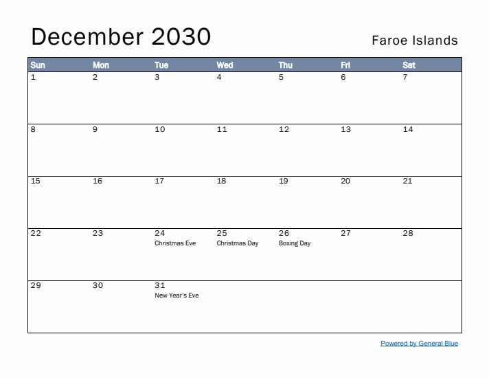 December 2030 Simple Monthly Calendar for Faroe Islands