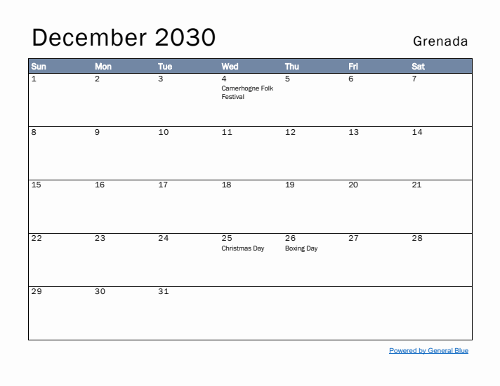 December 2030 Simple Monthly Calendar for Grenada