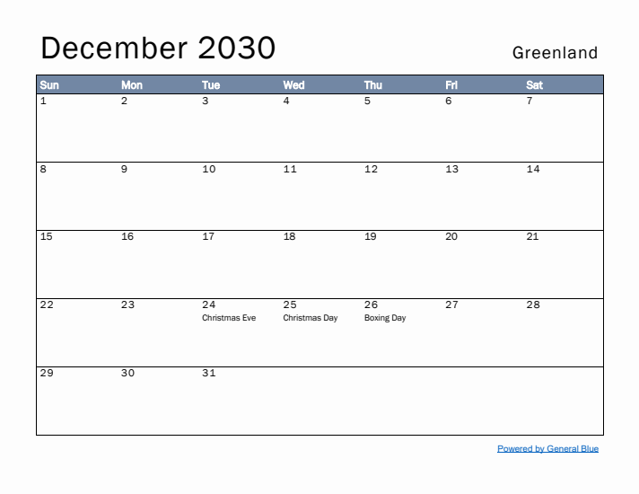 December 2030 Simple Monthly Calendar for Greenland