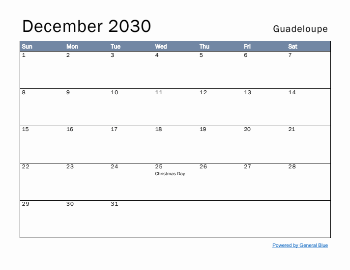 December 2030 Simple Monthly Calendar for Guadeloupe