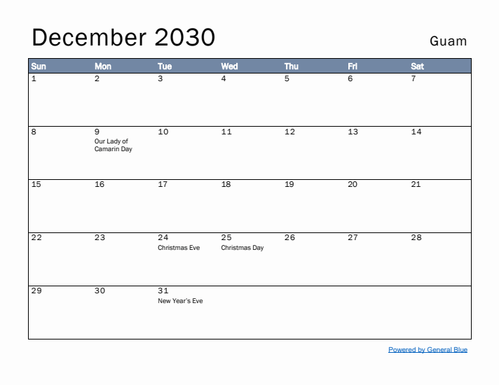 December 2030 Simple Monthly Calendar for Guam