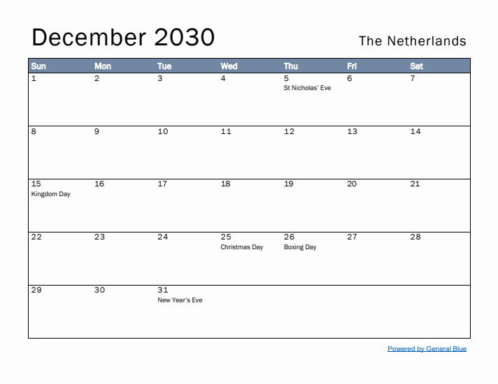 December 2030 Simple Monthly Calendar for The Netherlands