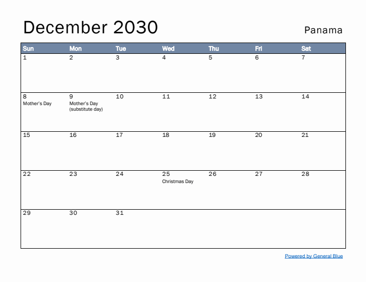 December 2030 Simple Monthly Calendar for Panama