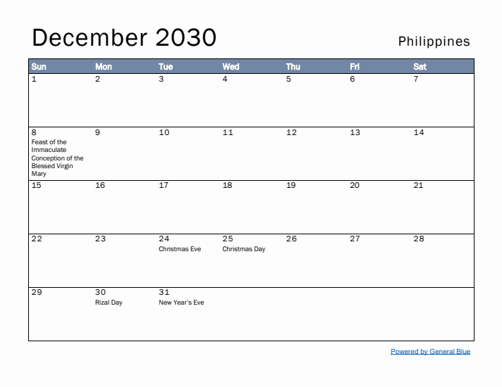 December 2030 Simple Monthly Calendar for Philippines