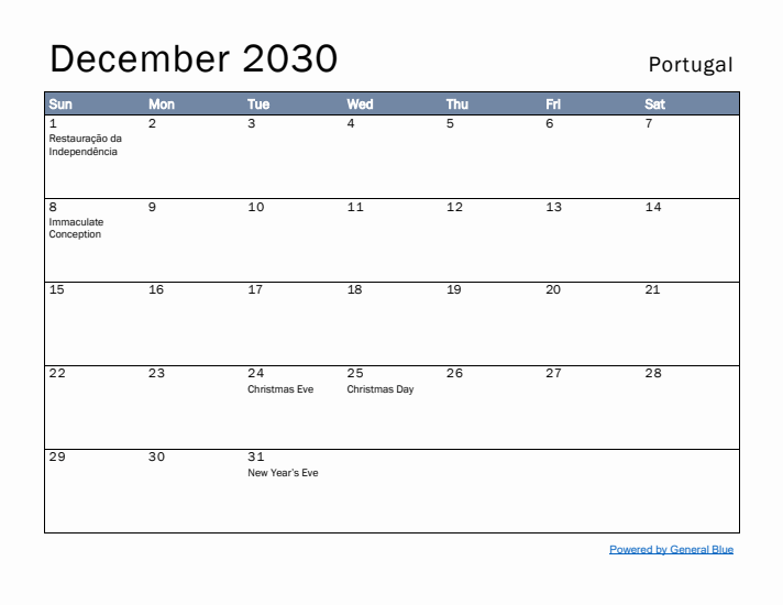 December 2030 Simple Monthly Calendar for Portugal