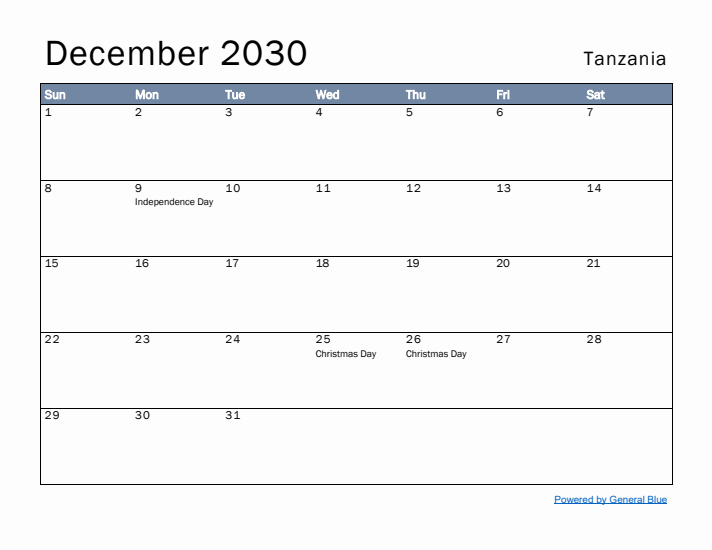 December 2030 Simple Monthly Calendar for Tanzania