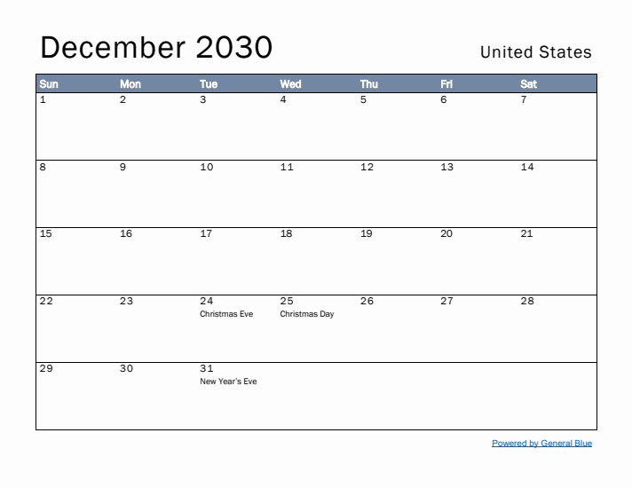 December 2030 Simple Monthly Calendar for United States