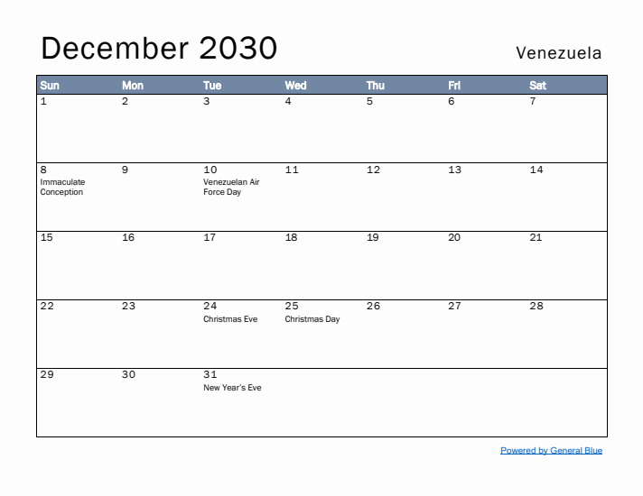 December 2030 Simple Monthly Calendar for Venezuela