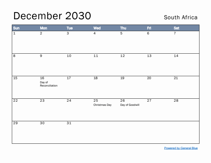 December 2030 Simple Monthly Calendar for South Africa