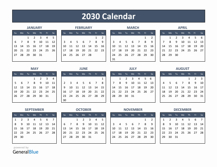 Basic Annual Calendar for Year 2030