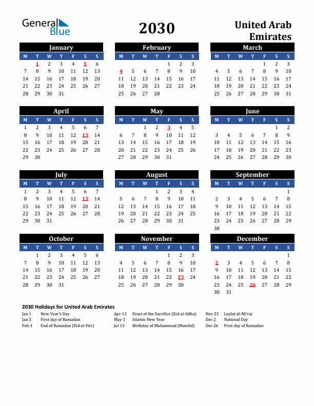 2030 United Arab Emirates Holiday Calendar