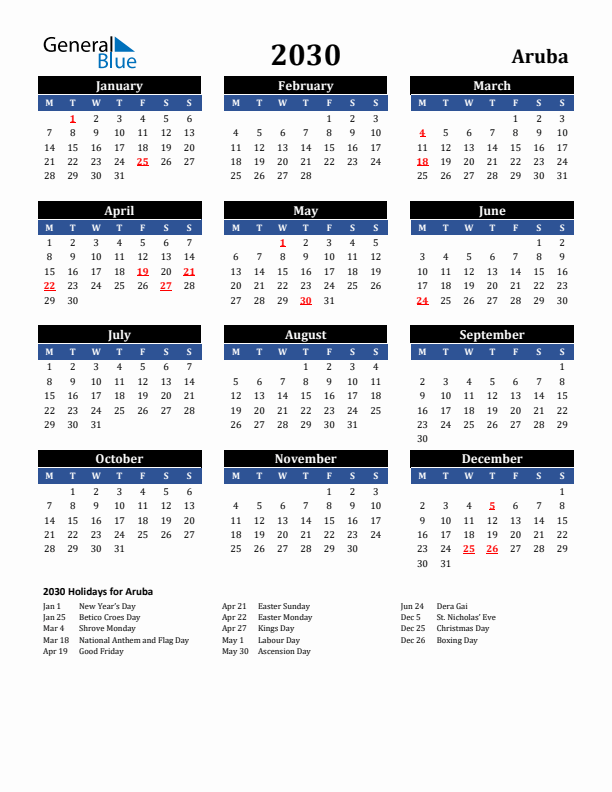 2030 Aruba Holiday Calendar