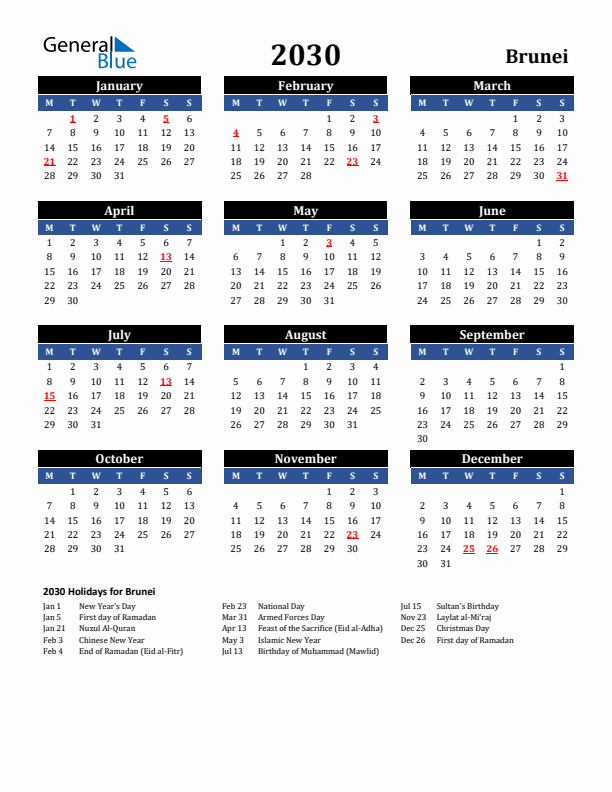 2030 Brunei Holiday Calendar