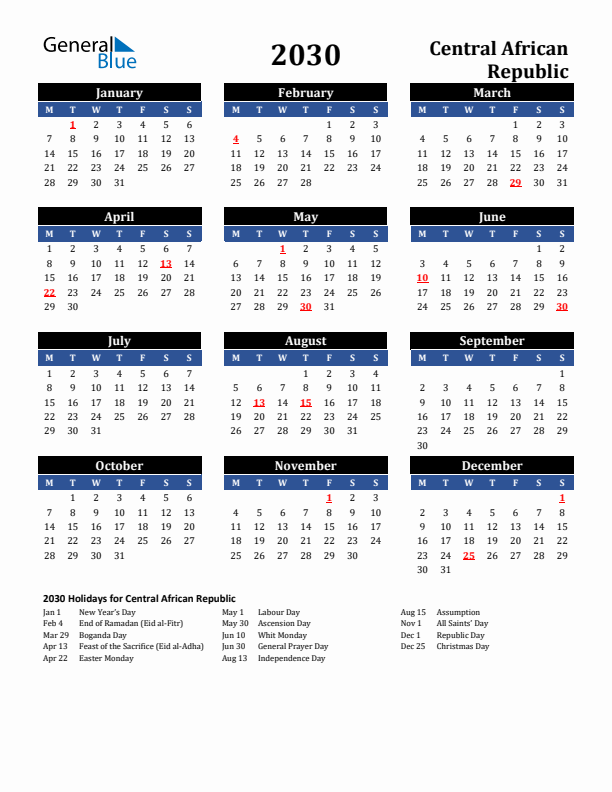 2030 Central African Republic Holiday Calendar