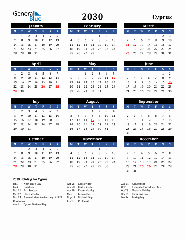 2030 Cyprus Holiday Calendar