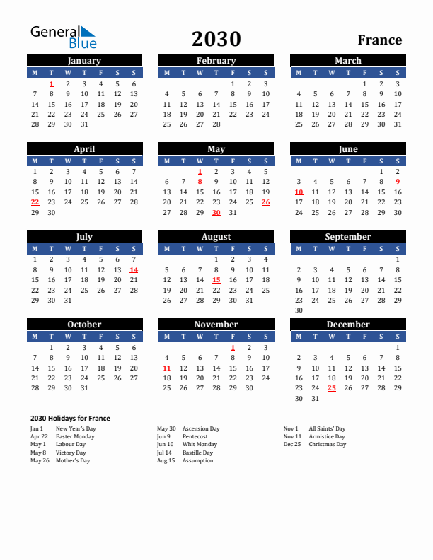 2030 France Holiday Calendar