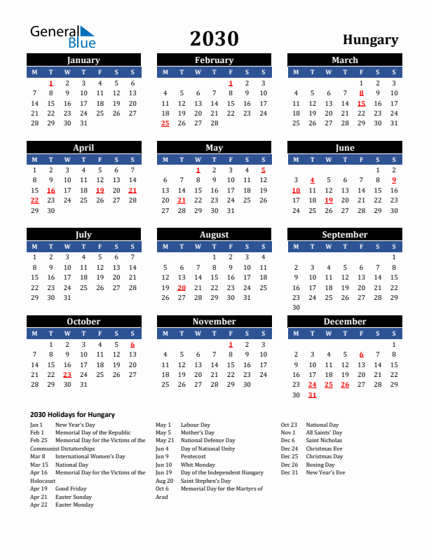 2030 Hungary Holiday Calendar