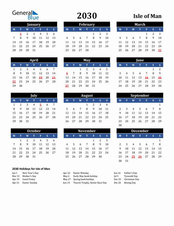 2030 Isle of Man Holiday Calendar