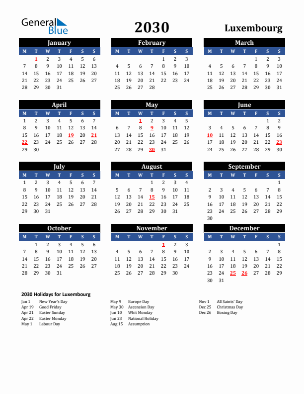 2030 Luxembourg Holiday Calendar