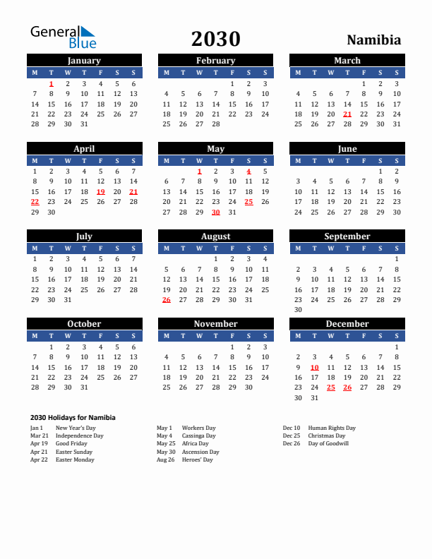 2030 Namibia Holiday Calendar