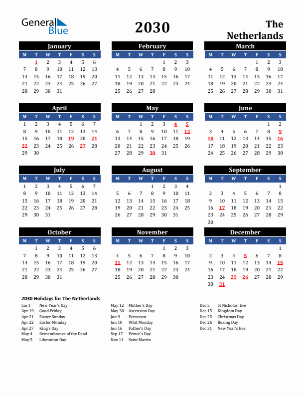 2030 The Netherlands Holiday Calendar