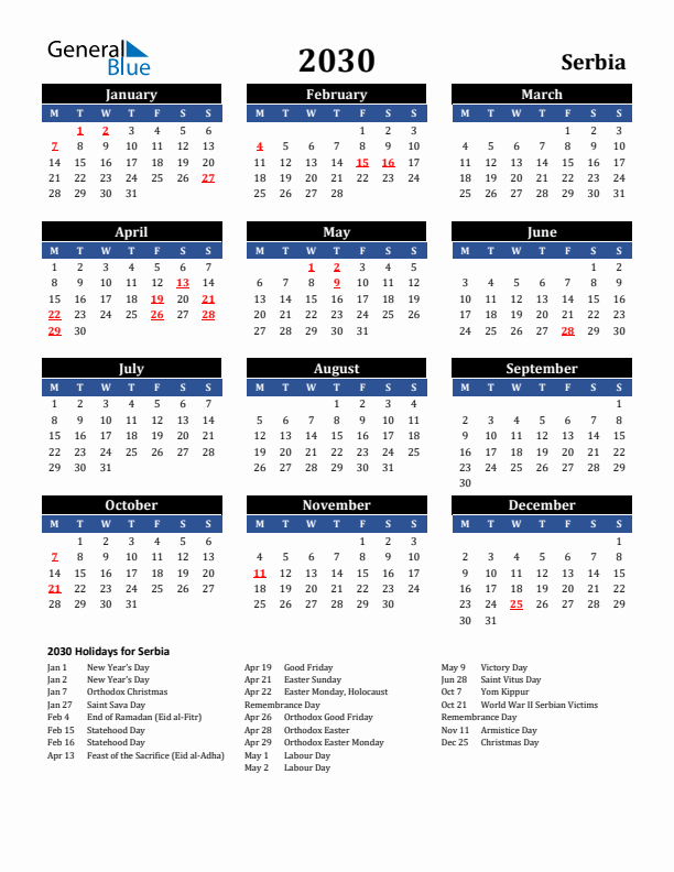 2030 Serbia Holiday Calendar