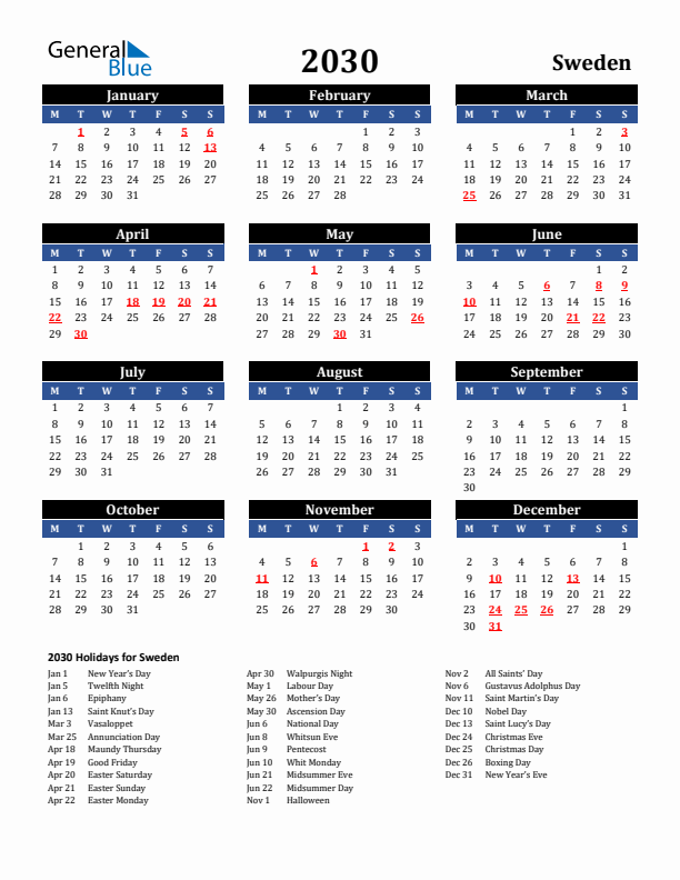 2030 Sweden Holiday Calendar