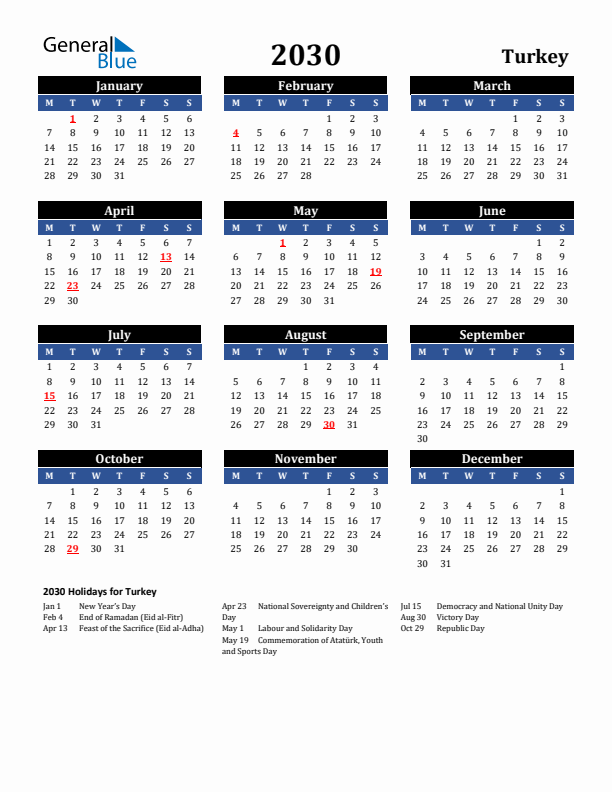 2030 Turkey Holiday Calendar