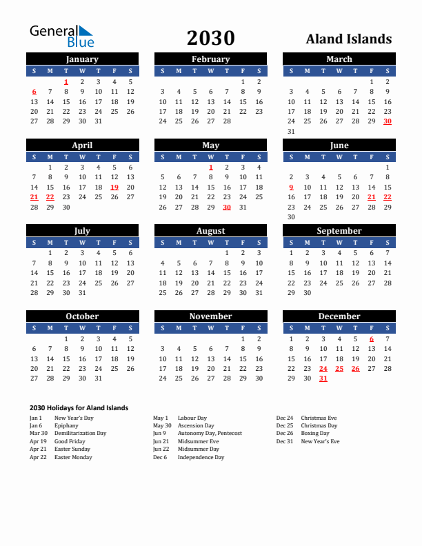 2030 Aland Islands Holiday Calendar