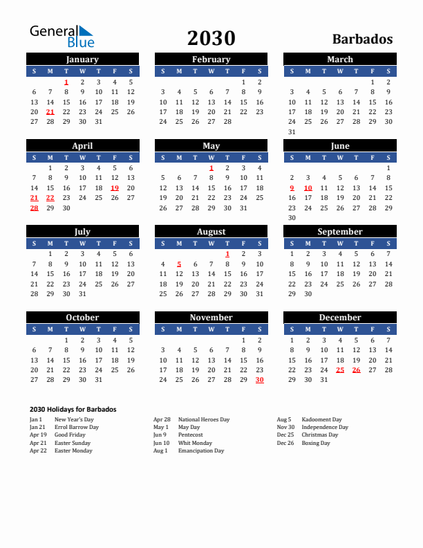 2030 Barbados Holiday Calendar