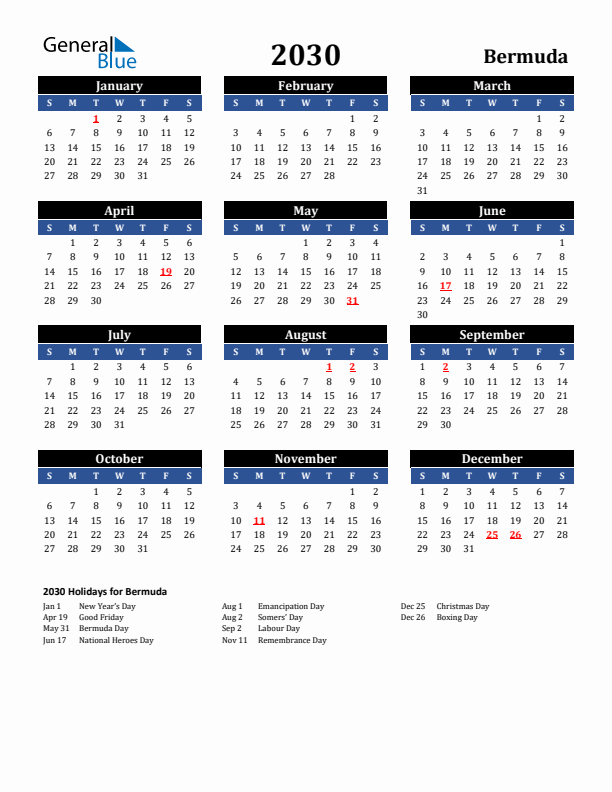 2030 Bermuda Holiday Calendar