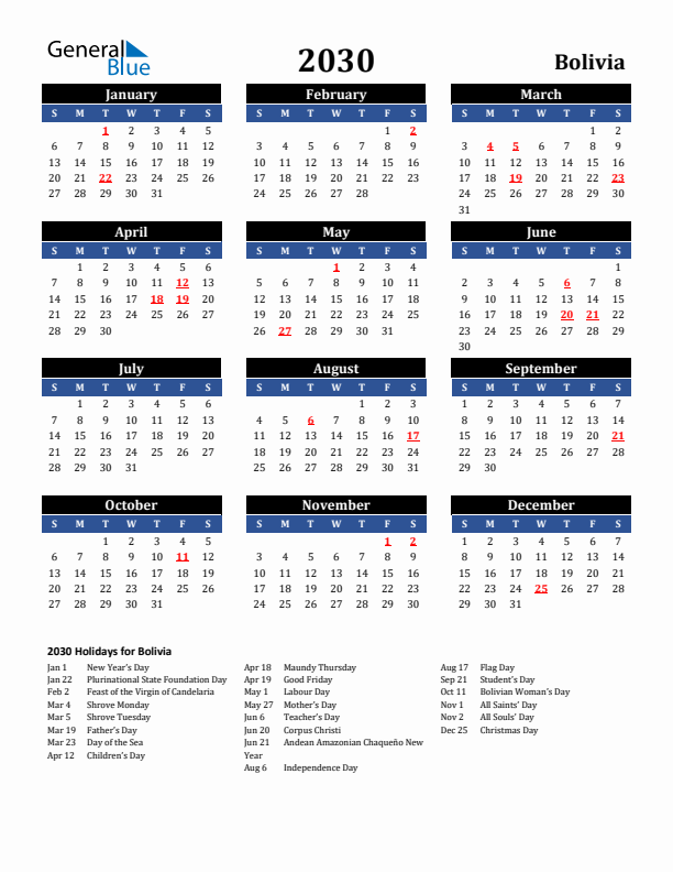 2030 Bolivia Holiday Calendar