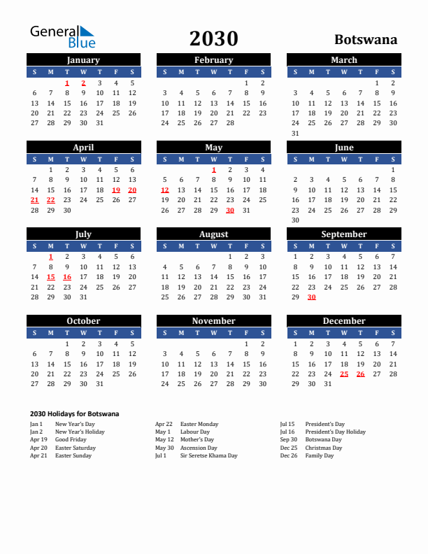 2030 Botswana Holiday Calendar