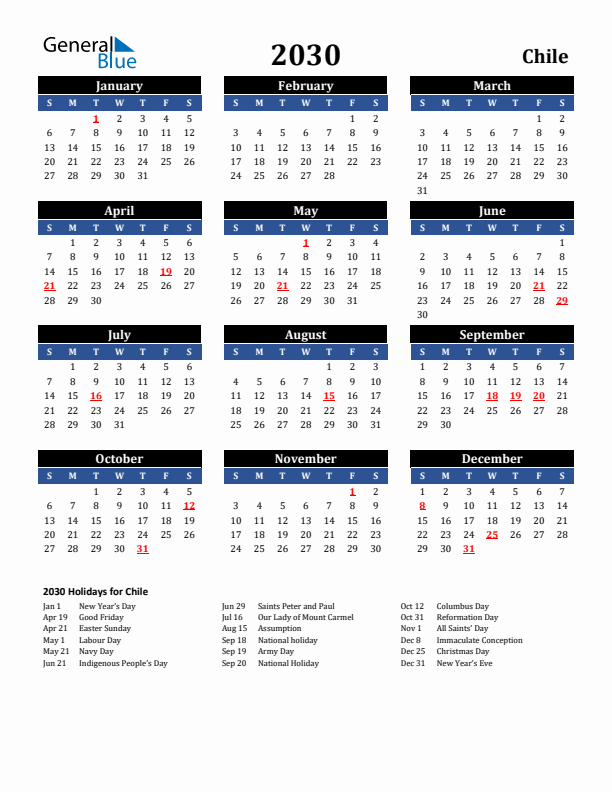 2030 Chile Holiday Calendar