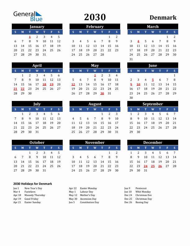 2030 Denmark Holiday Calendar