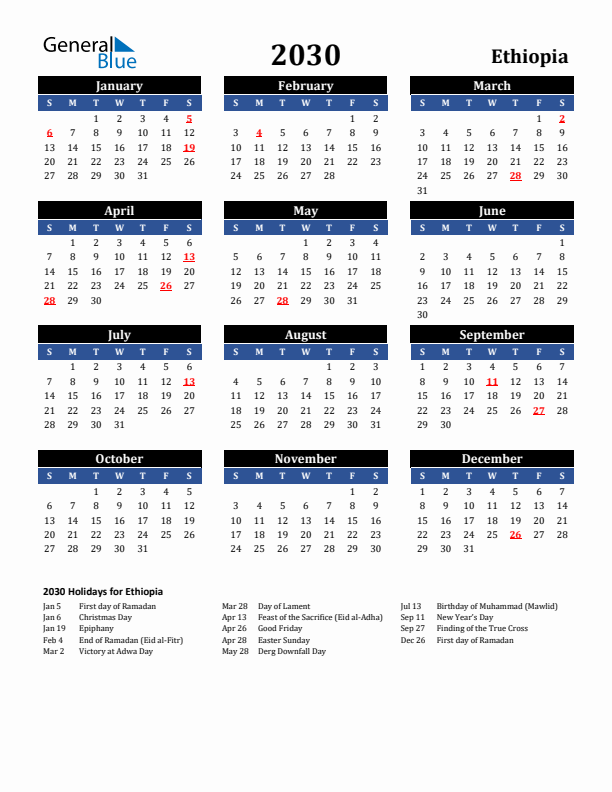 2030 Ethiopia Holiday Calendar