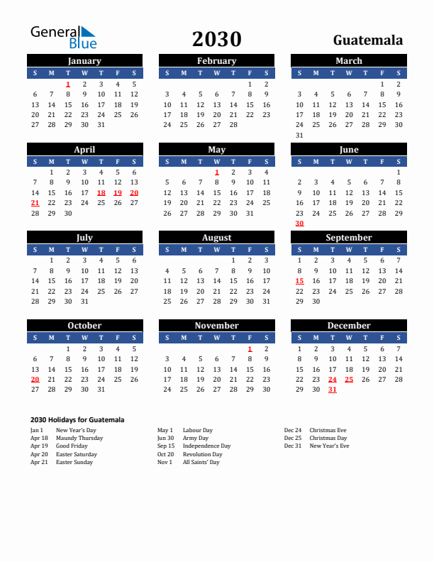 2030 Guatemala Holiday Calendar