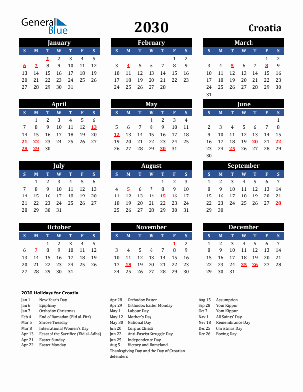 2030 Croatia Holiday Calendar