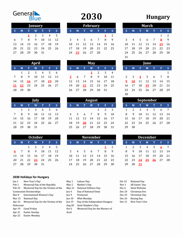 2030 Hungary Holiday Calendar