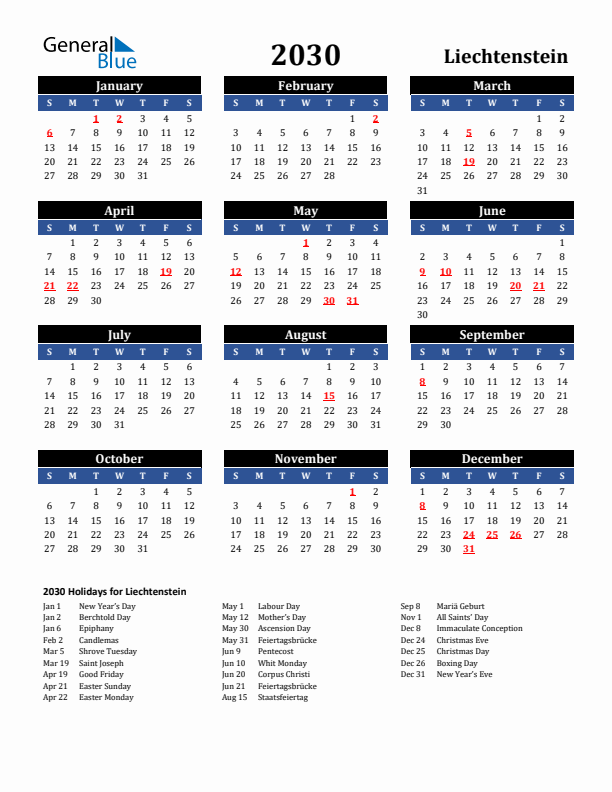 2030 Liechtenstein Holiday Calendar