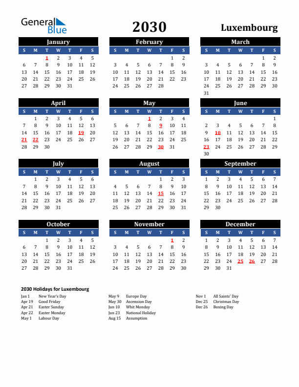 2030 Luxembourg Holiday Calendar