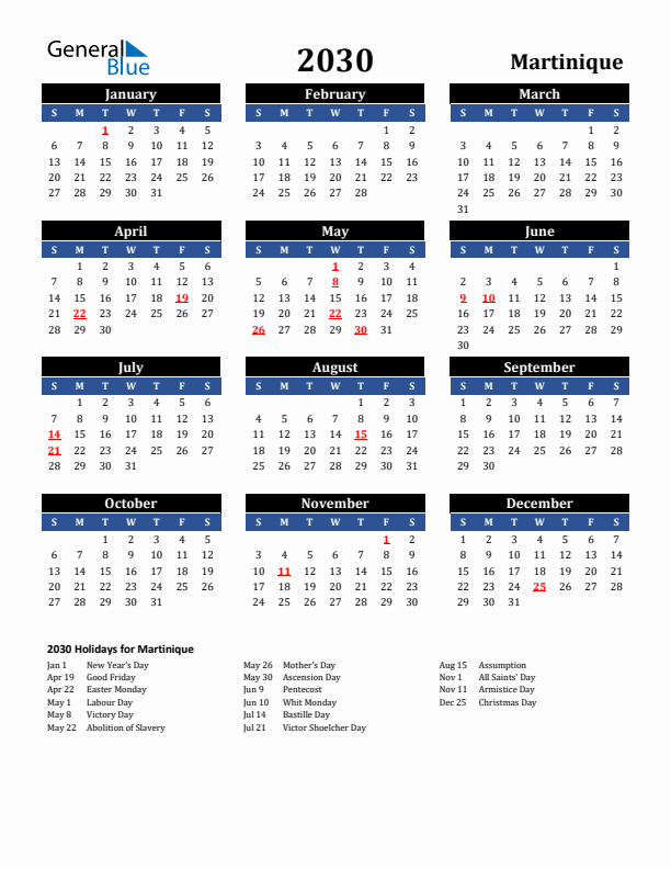 2030 Martinique Holiday Calendar