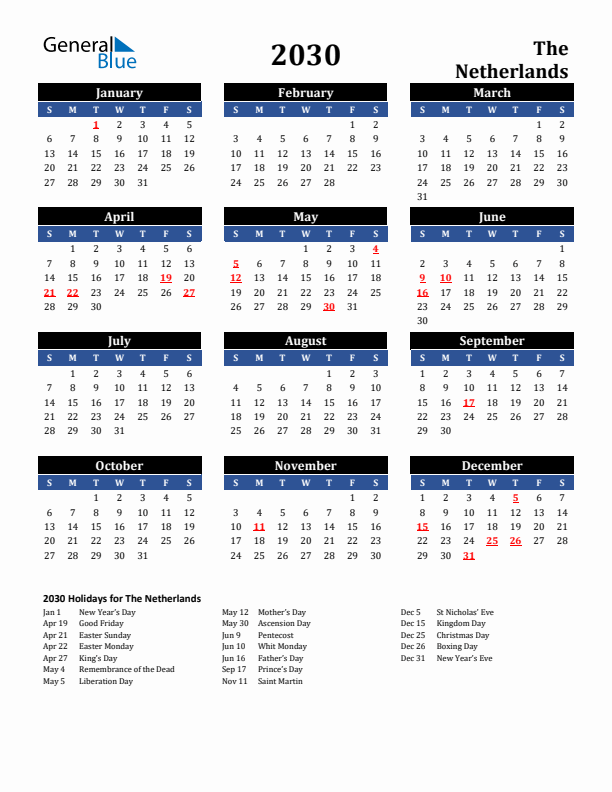 2030 The Netherlands Holiday Calendar