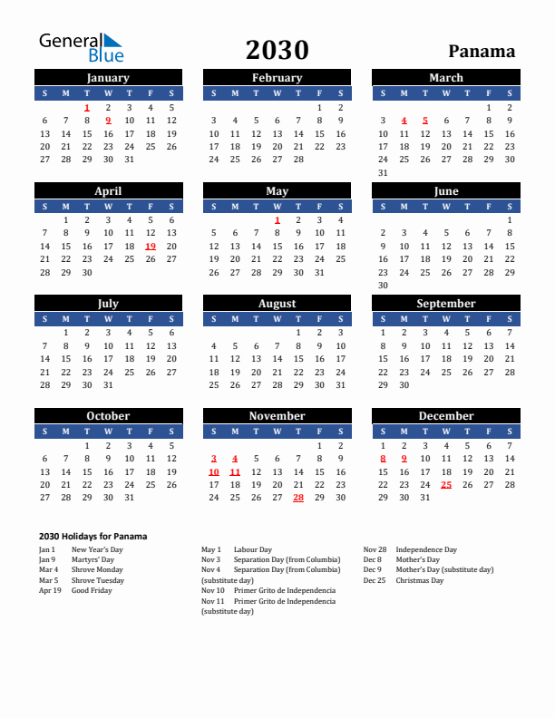 2030 Panama Holiday Calendar