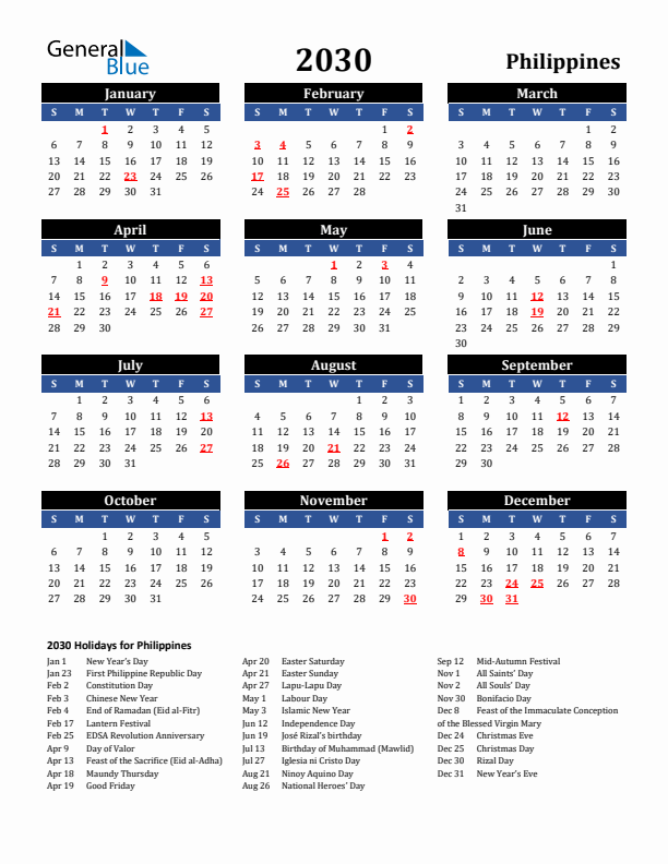 2030 Philippines Holiday Calendar