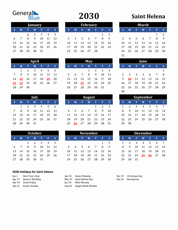 2030 Saint Helena Holiday Calendar