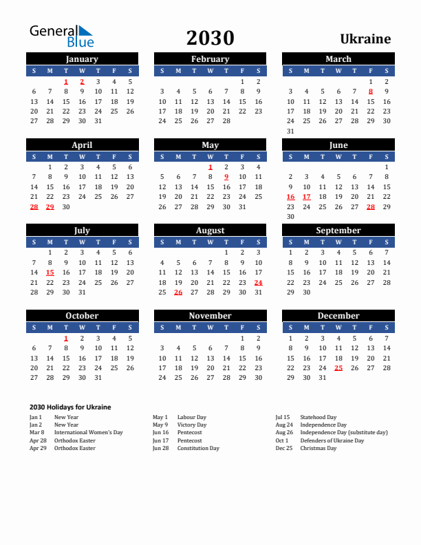 2030 Ukraine Holiday Calendar