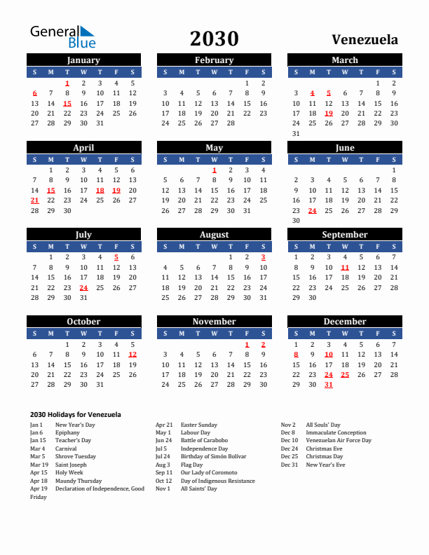 2030 Venezuela Holiday Calendar