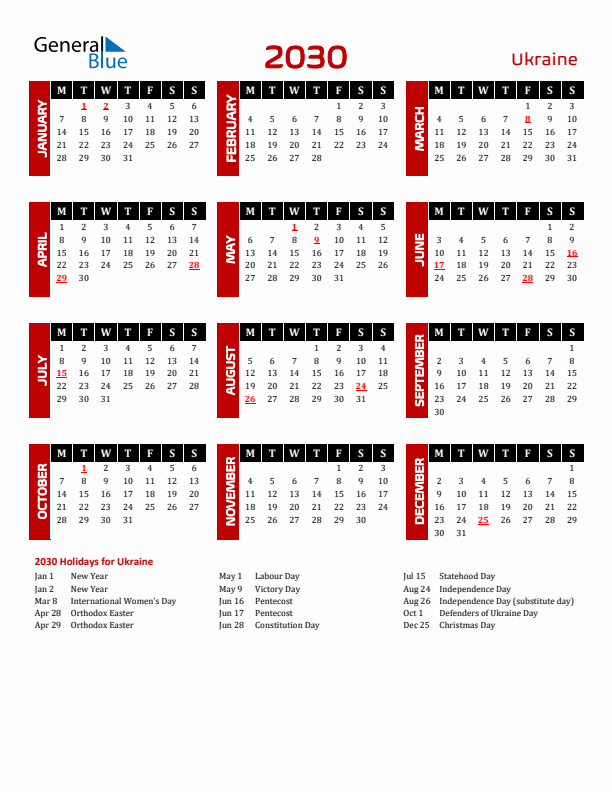 Download Ukraine 2030 Calendar - Monday Start