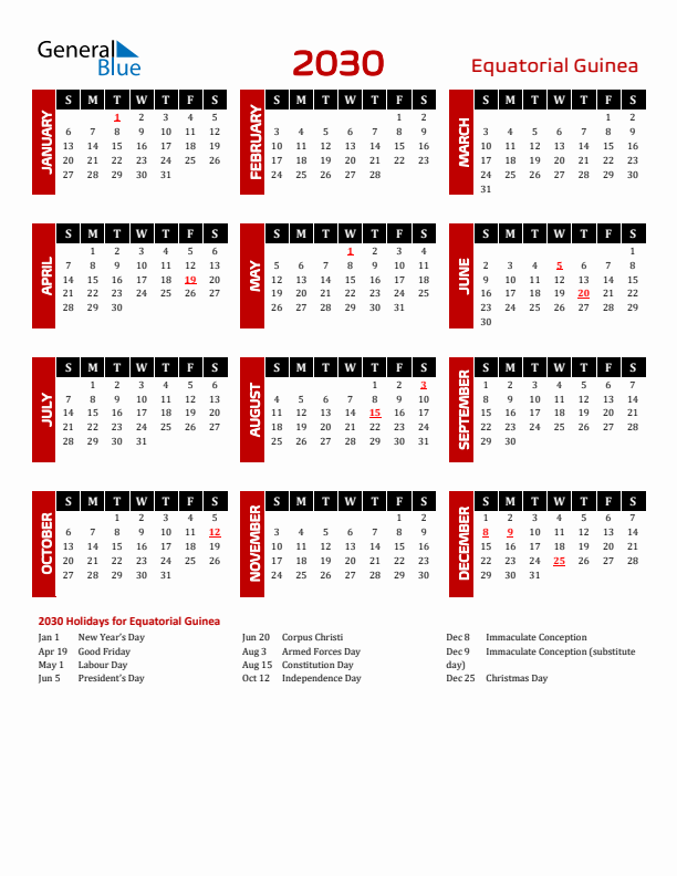 Download Equatorial Guinea 2030 Calendar - Sunday Start